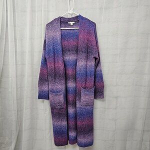 Cato Cardigan Sweater Purple Striped Longline Open Knit Boho Midi M